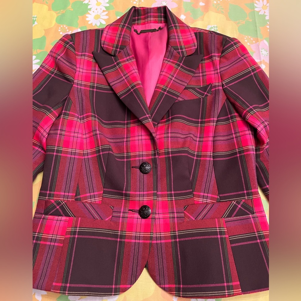 Trina Turk Red & Brown Plaid Cropped Sleeve Blazer Size 4